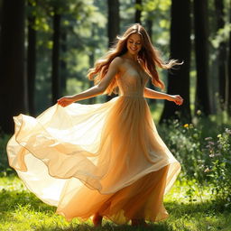 An ethereal woman in a flowing, shimmering gown, gracefully dancing in a sunlit forest