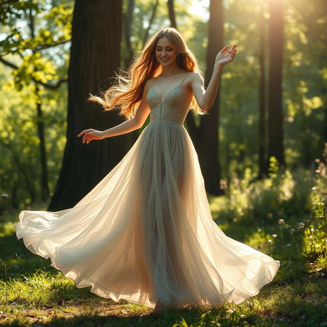 An ethereal woman in a flowing, shimmering gown, gracefully dancing in a sunlit forest