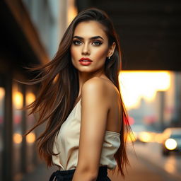 A stunning female model with a captivating face, featuring long flowing hair and striking makeup