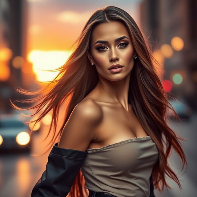 A stunning female model with a captivating face, featuring long flowing hair and striking makeup