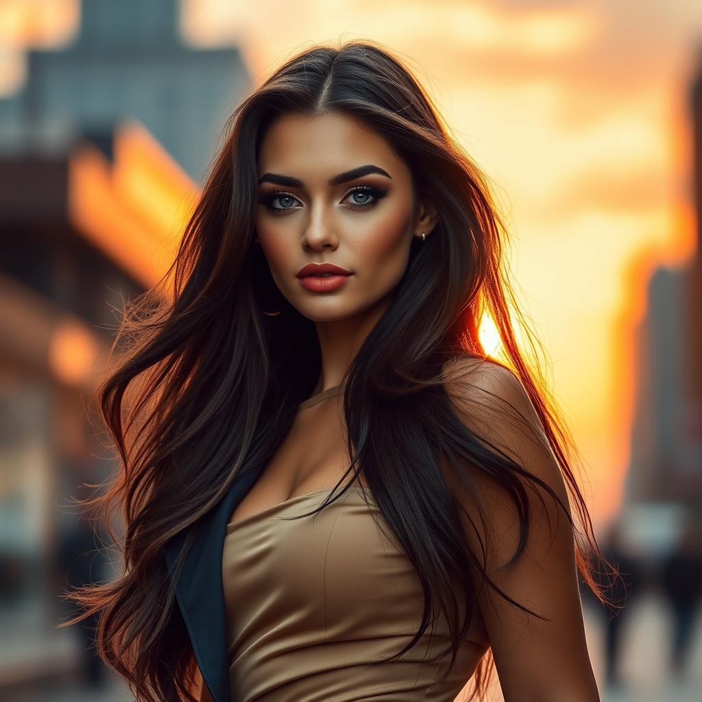 A stunning female model with a captivating face, featuring long flowing hair and striking makeup