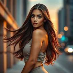 A stunning female model with a captivating face, featuring long flowing hair and striking makeup