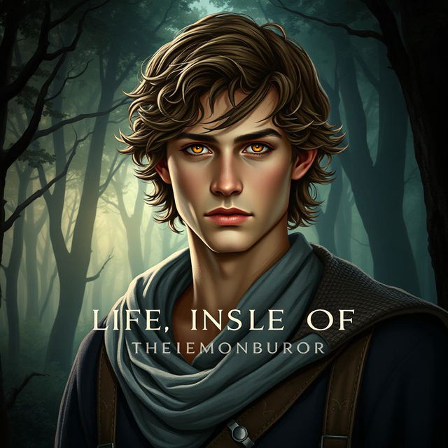 A fantasy book cover featuring a 17-year-old male character, the son of Hephaestus, portrayed as slightly lean with an air of seriousness