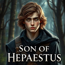 A fantasy book cover featuring a 17-year-old male character, the son of Hephaestus, portrayed as slightly lean with an air of seriousness