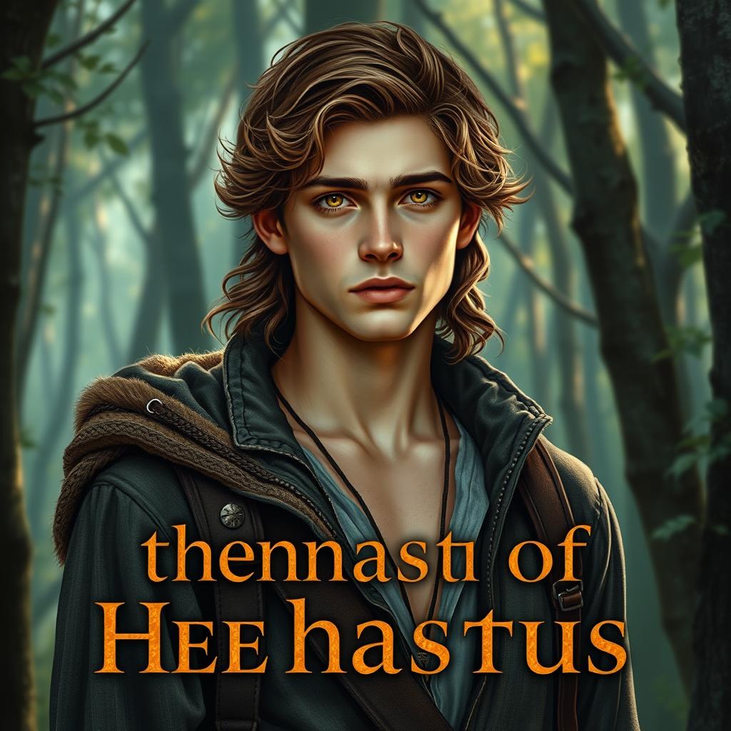 A fantasy book cover featuring a 17-year-old male character, the son of Hephaestus, portrayed as slightly lean with an air of seriousness