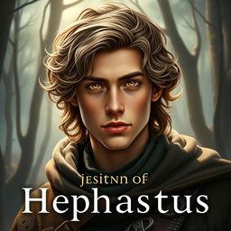 A fantasy book cover featuring a 17-year-old male character, the son of Hephaestus, portrayed as slightly lean with an air of seriousness