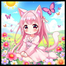 A cute anime girl with cat ears and a fluffy tail, dressed in a pastel pink outfit