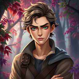 A fantasy book cover featuring a 17-year-old male character, the son of Hermes, exuding a serious and somewhat arrogant demeanor