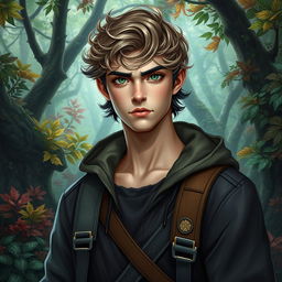 A fantasy book cover featuring a 17-year-old male character, the son of Hermes, exuding a serious and somewhat arrogant demeanor