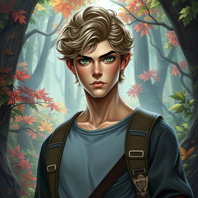 A fantasy book cover featuring a 17-year-old male character, the son of Hermes, exuding a serious and somewhat arrogant demeanor