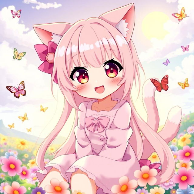 A cute anime girl with cat ears and a fluffy tail, dressed in a pastel pink outfit