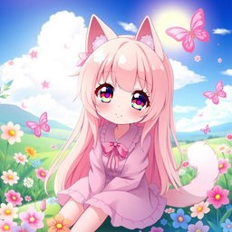 A cute anime girl with cat ears and a fluffy tail, dressed in a pastel pink outfit