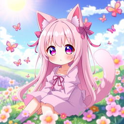 A cute anime girl with cat ears and a fluffy tail, dressed in a pastel pink outfit