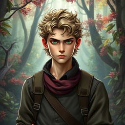 A fantasy book cover featuring a 17-year-old male character, the son of Hermes, exuding a serious and somewhat arrogant demeanor