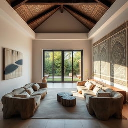 A spacious bedroom with a high ceiling