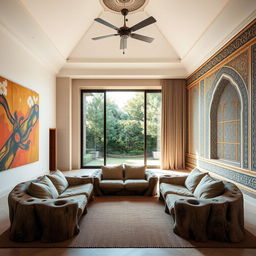 A spacious bedroom with a high ceiling