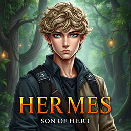 A fantasy book cover featuring a 17-year-old male character, the son of Hermes, with captivating green eyes and dark blonde hair that is slightly curly