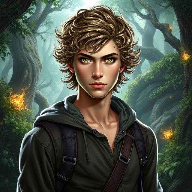 A fantasy book cover featuring a 17-year-old male character, the son of Hermes, with captivating green eyes and dark blonde hair that is slightly curly