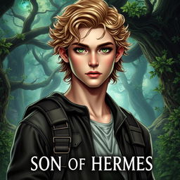 A fantasy book cover featuring a 17-year-old male character, the son of Hermes, with captivating green eyes and dark blonde hair that is slightly curly