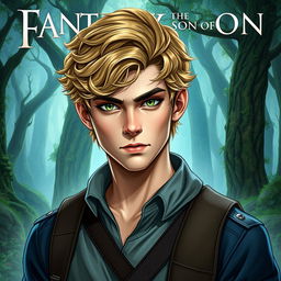 A fantasy book cover featuring a 17-year-old male character, the son of Hermes, with captivating green eyes and dark blonde hair that is slightly curly