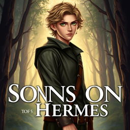 A fantasy book cover featuring a 17-year-old male character, the son of Hermes, with captivating green eyes and slightly curly dark blonde hair