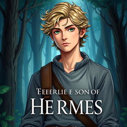 A fantasy book cover featuring a 17-year-old male character, the son of Hermes, with captivating green eyes and slightly curly dark blonde hair