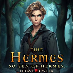 A fantasy book cover featuring a 17-year-old male character, the son of Hermes, with captivating green eyes and slightly curly dark blonde hair