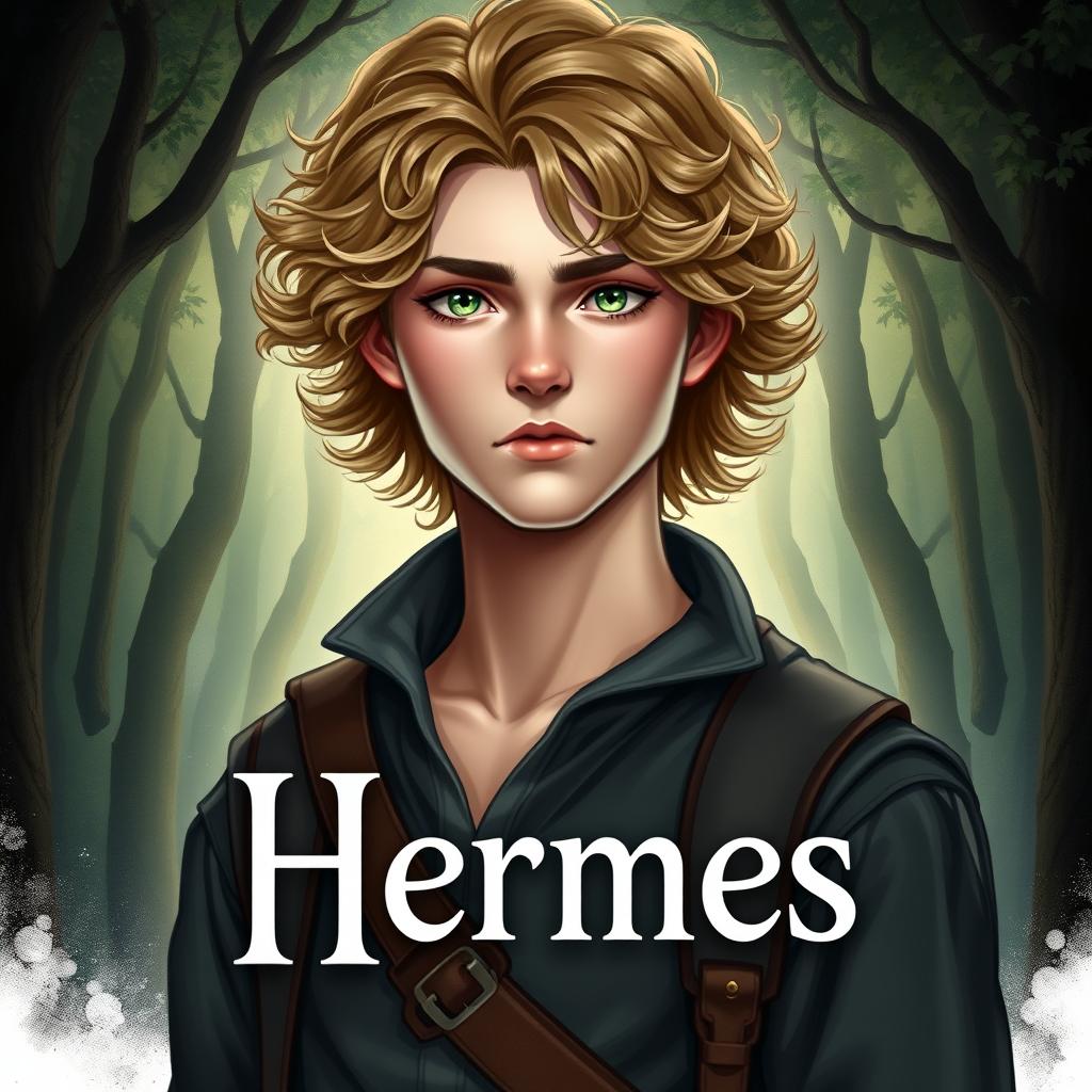 A fantasy book cover featuring a 17-year-old male character, the son of Hermes, with captivating green eyes and slightly curly dark blonde hair