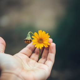 A single flower held in a person's hand, with one side of the flower wilting and the other side vibrant and blooming