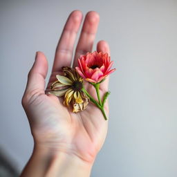 A single flower held in a person's hand, with one side of the flower wilting and the other side vibrant and blooming