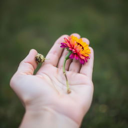 A single flower held in a person's hand, with one side of the flower wilting and the other side vibrant and blooming