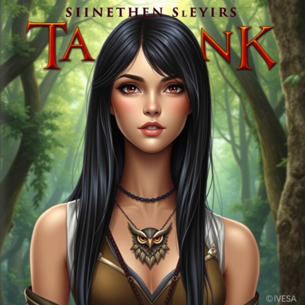 A fantasy book cover featuring a 17-year-old female character, the daughter of Athena, renowned for her beauty and profound, striking gaze