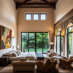 A spacious bedroom with high ceilings: On the right wall, reflecting Safavid architectural style, adorned with colorful tile work and intricate muqarnas designs, traditional wall lamps providing warm lighting