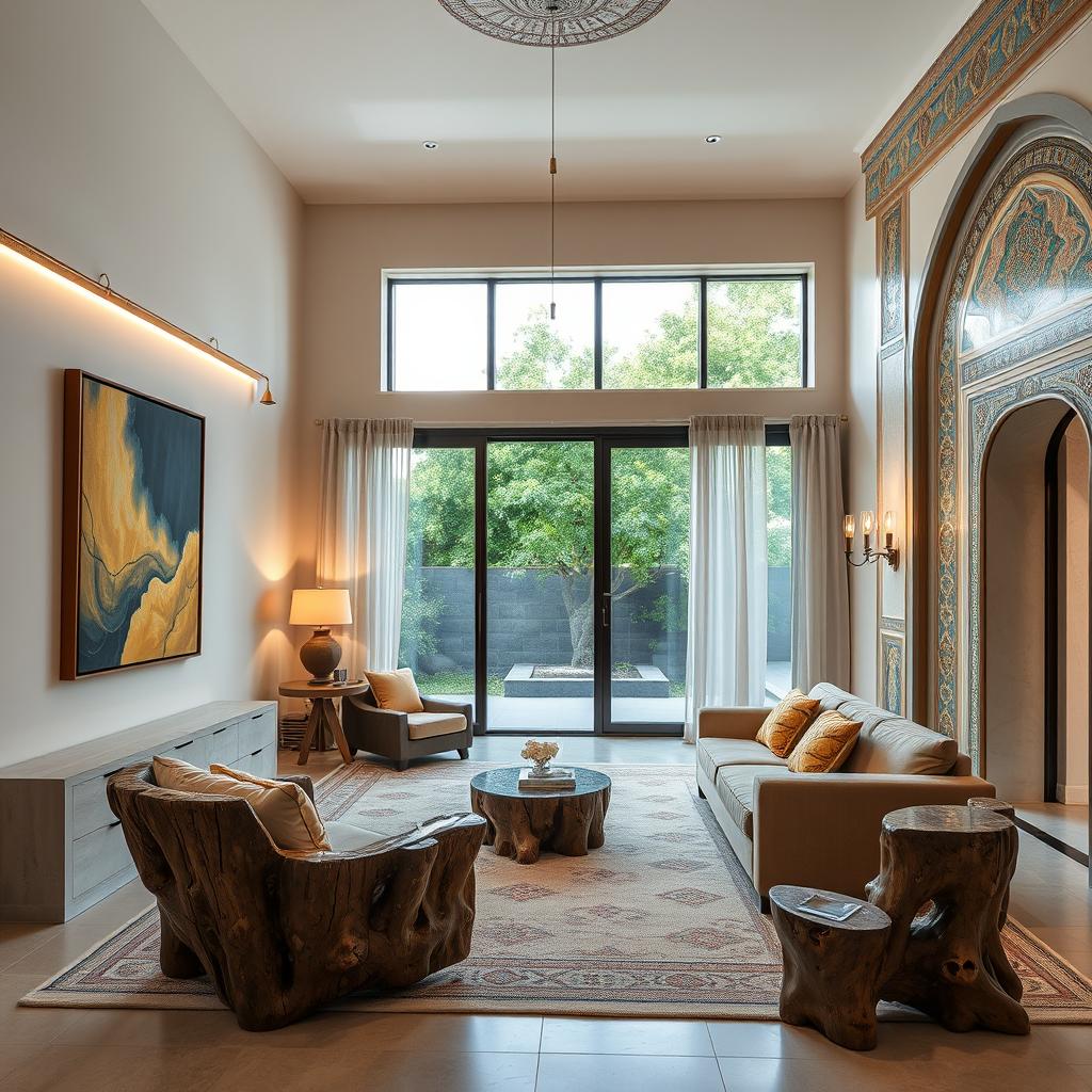 A spacious bedroom with high ceilings: On the right wall, reflecting Safavid architectural style, adorned with colorful tile work and intricate muqarnas designs, traditional wall lamps providing warm lighting
