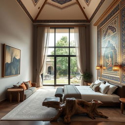A spacious bedroom with high ceilings: On the right wall, reflecting Safavid architectural style, adorned with colorful tile work and intricate muqarnas designs, traditional wall lamps providing warm lighting
