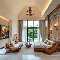 A spacious bedroom with high ceilings: On the right wall, reflecting Safavid architectural style, adorned with colorful tile work and intricate muqarnas designs, traditional wall lamps providing warm lighting