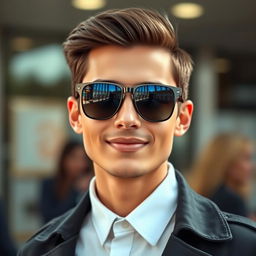 A realistic portrait of a stylish person wearing cool sunglasses