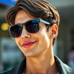 A realistic portrait of a stylish person wearing cool sunglasses
