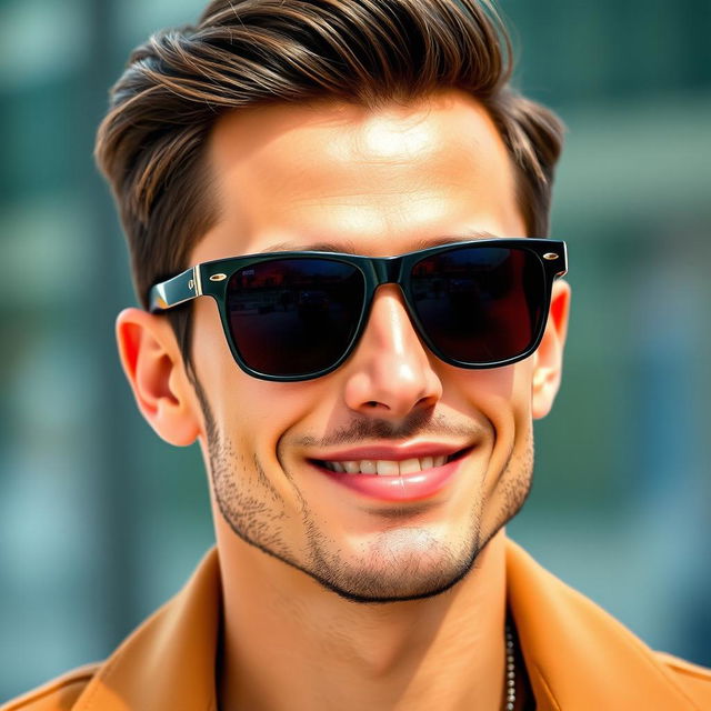 A realistic portrait of a stylish person wearing cool sunglasses