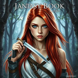 A fantasy book cover featuring a 17-year-old female character, the daughter of Aphrodite, with mesmerizing blue eyes and long, straight red hair that flows gracefully down her back