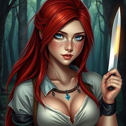 A fantasy book cover featuring a 17-year-old female character, the daughter of Aphrodite, with mesmerizing blue eyes and long, straight red hair that flows gracefully down her back