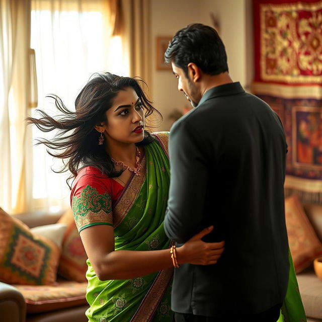 A powerful scene depicting a woman in a vibrant green saree, showcasing intricate designs, confidently and assertively confronting a man