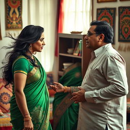 A powerful scene depicting a woman in a vibrant green saree, showcasing intricate designs, confidently and assertively confronting a man