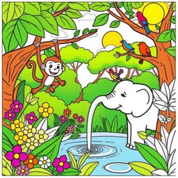 A whimsical children's coloring book page featuring a joyful jungle scene