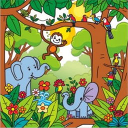 A whimsical children's coloring book page featuring a joyful jungle scene