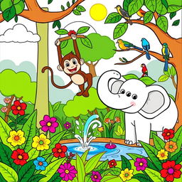 A whimsical children's coloring book page featuring a joyful jungle scene