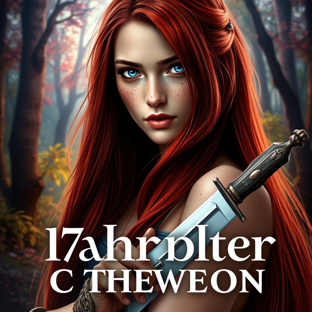 A fantasy book cover featuring a 17-year-old female character, the daughter of Aphrodite, with striking blue eyes and long, straight red hair that cascades down her back