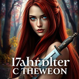 A fantasy book cover featuring a 17-year-old female character, the daughter of Aphrodite, with striking blue eyes and long, straight red hair that cascades down her back