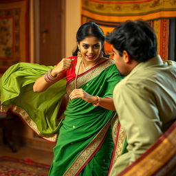 A dynamic scene capturing a woman in an elegant green saree, embellished with intricate borders, energetically confronting a man