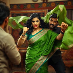 A dynamic scene capturing a woman in an elegant green saree, embellished with intricate borders, energetically confronting a man